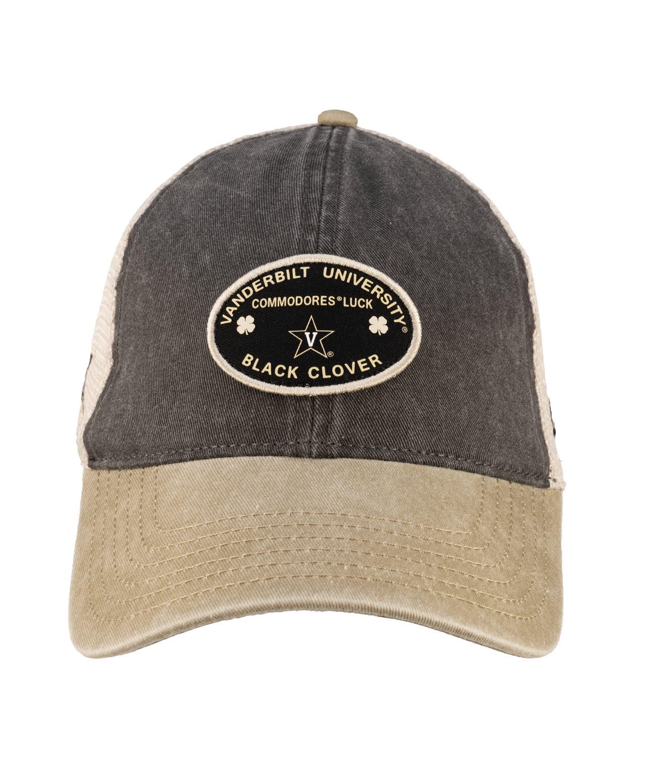 Grey and tan two tone vintage style hat from Black Clover featuring Vanderbilt Commodores logo