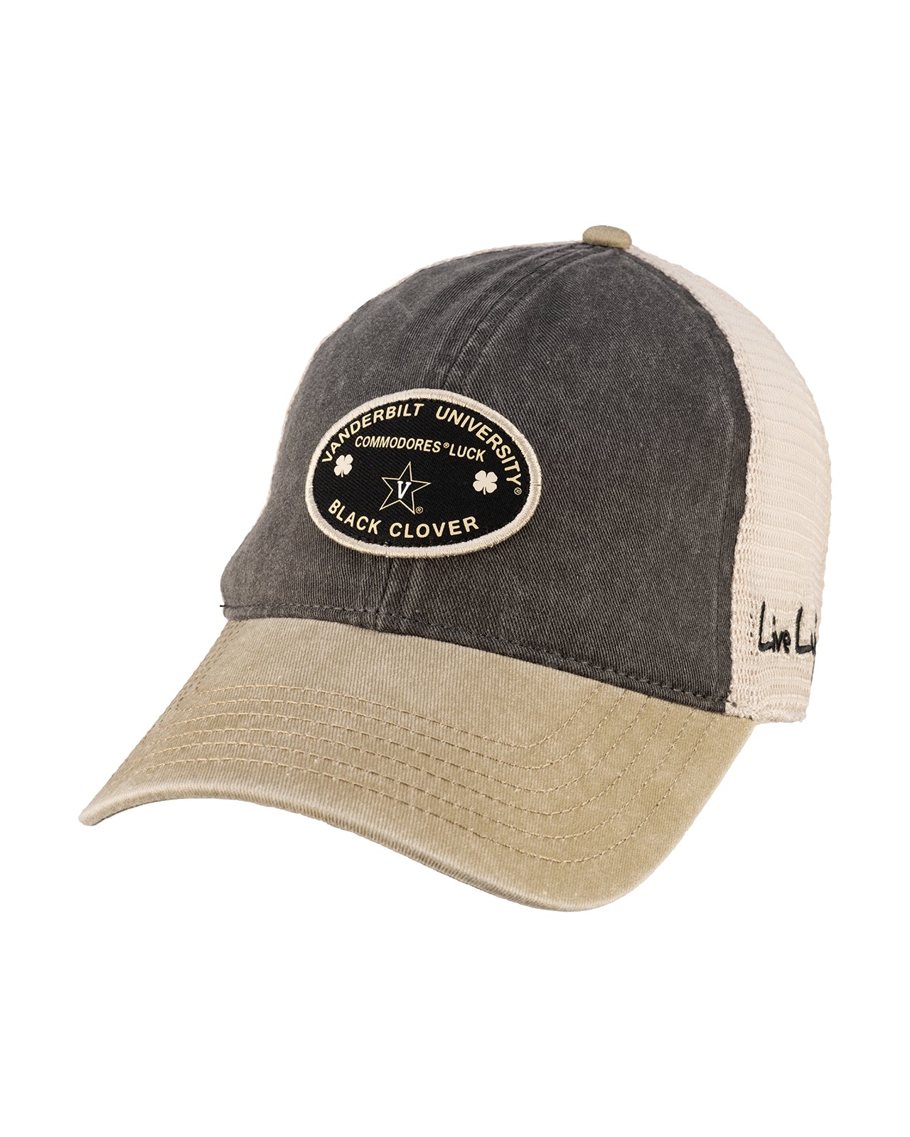 Grey and tan two tone vintage style hat from Black Clover featuring Vanderbilt Commodores logo