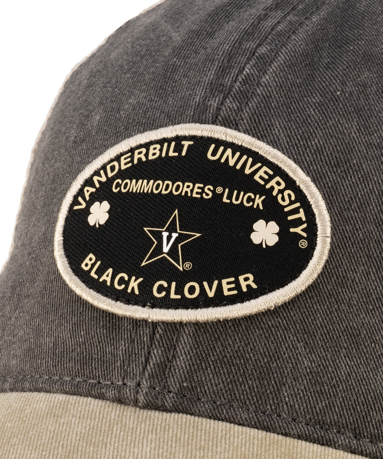 Grey and tan two tone vintage style hat from Black Clover featuring Vanderbilt Commodores logo