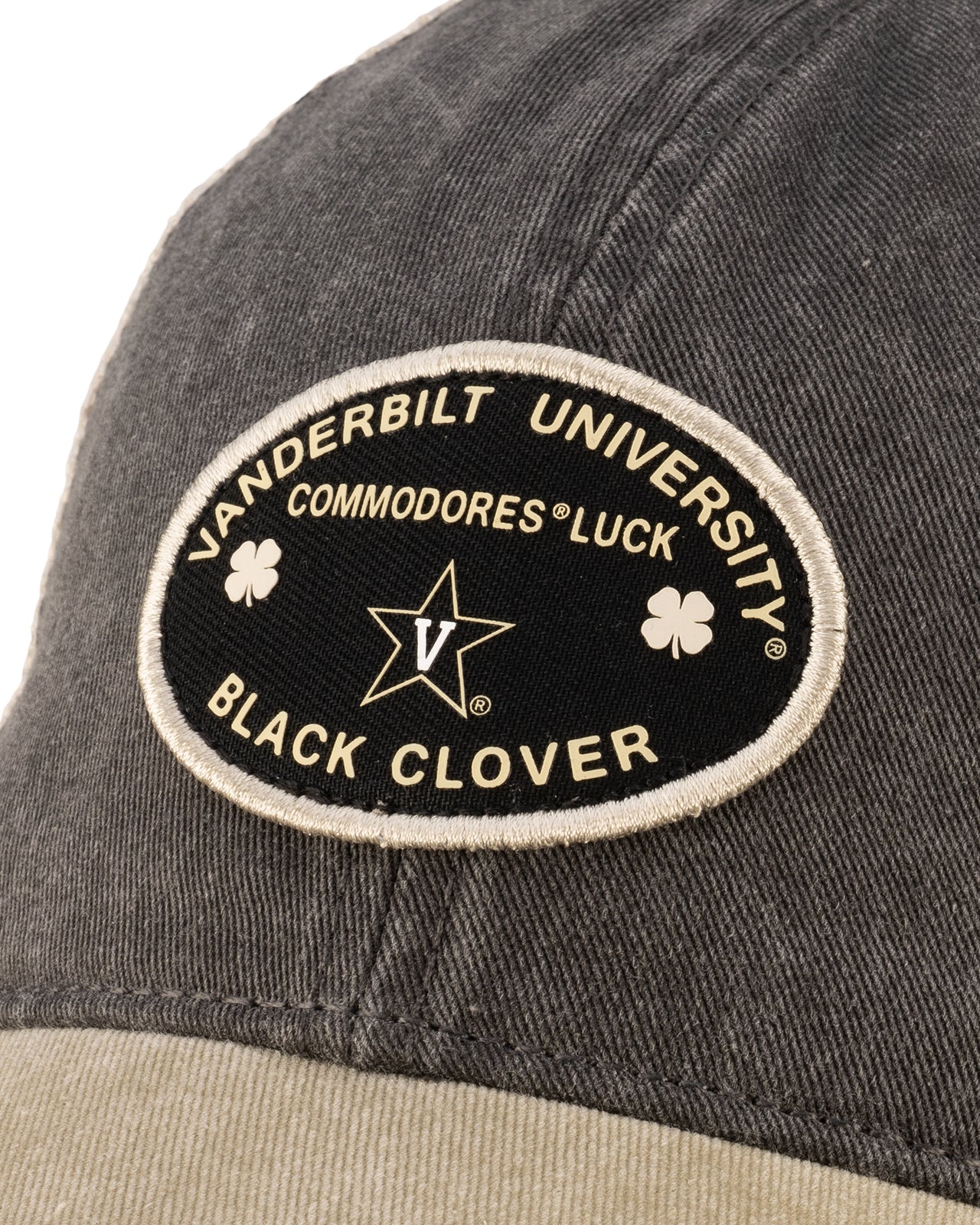 Grey and tan two tone vintage style hat from Black Clover featuring Vanderbilt Commodores logo