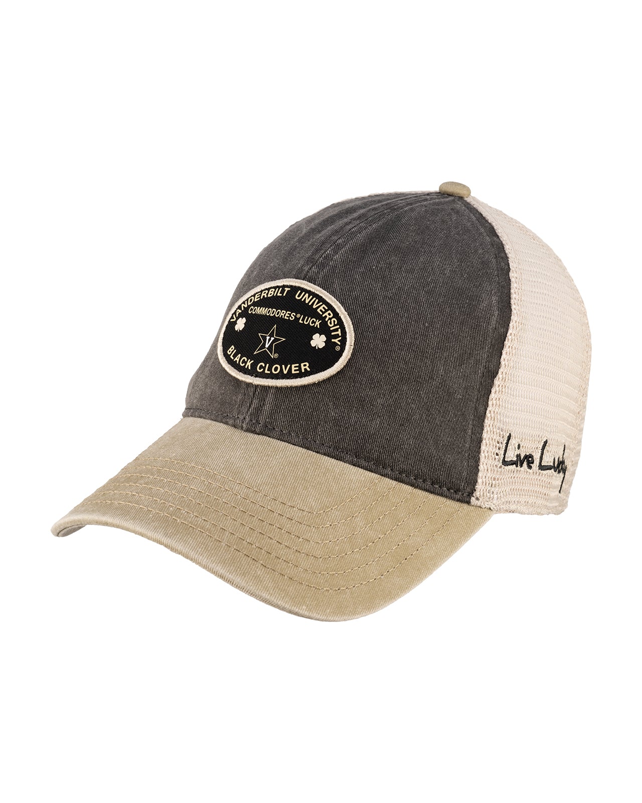 Grey and tan two tone vintage style hat from Black Clover featuring Vanderbilt Commodores logo