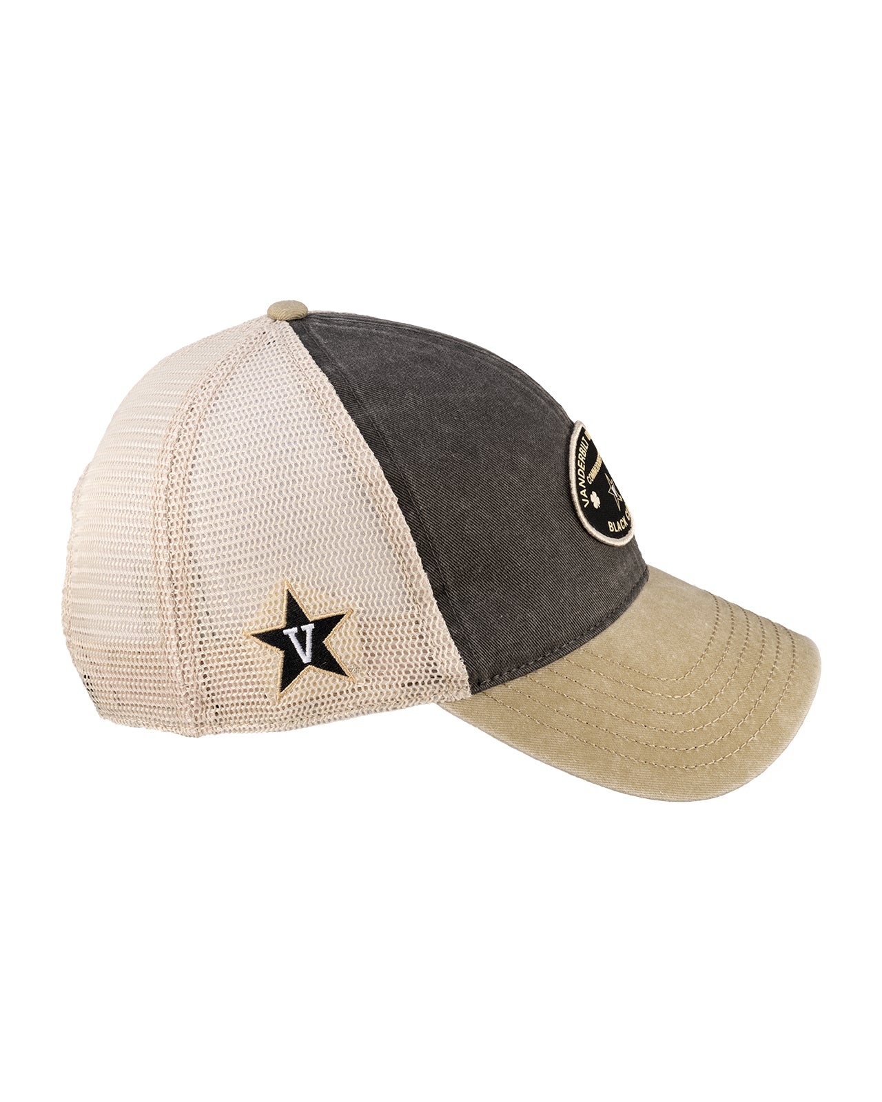 Grey and tan two tone vintage style hat from Black Clover featuring Vanderbilt Commodores logo