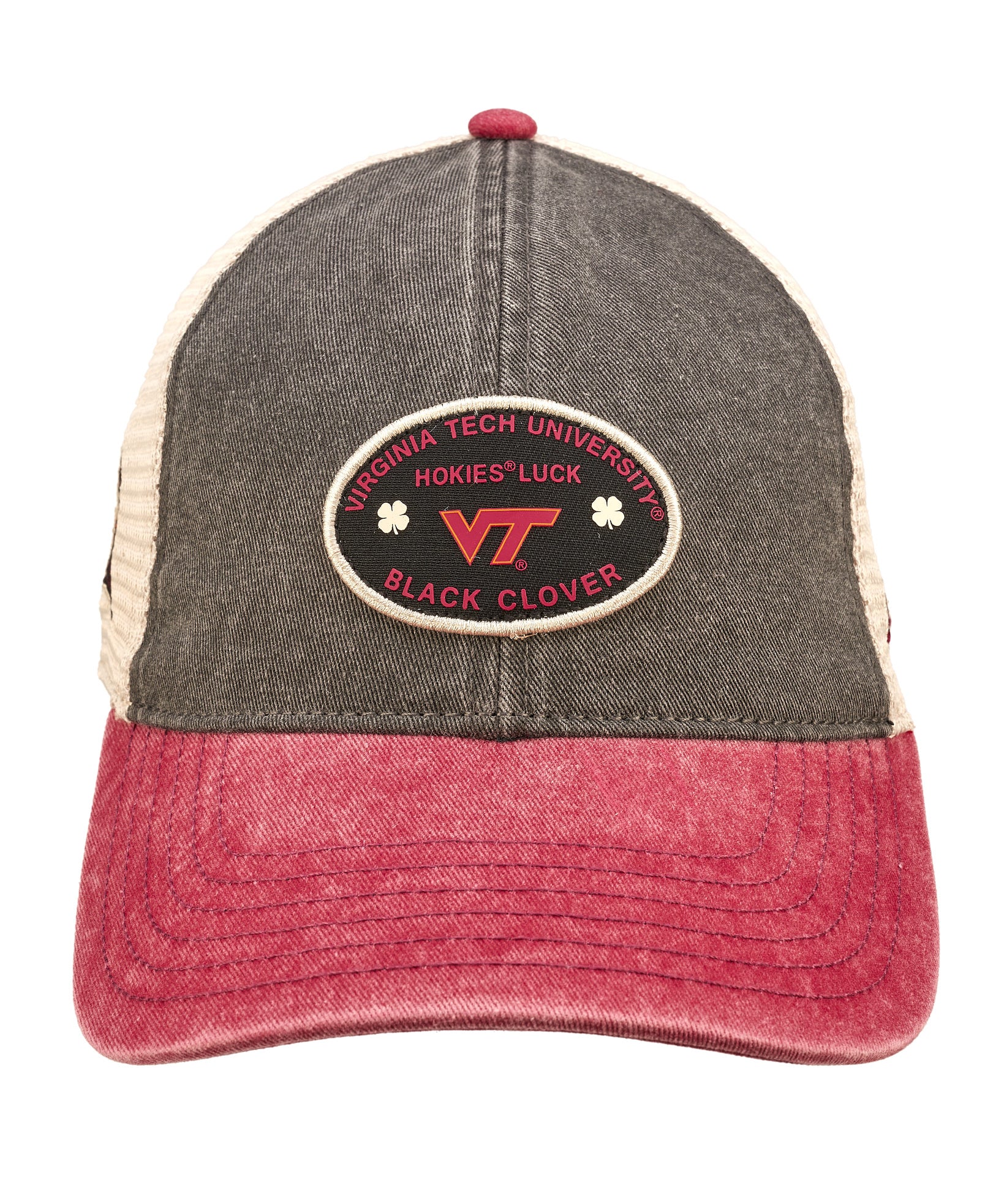 Red, grey, and white two tone vintage style hat from Black Clover featuring Virginia Tech Hokies logo