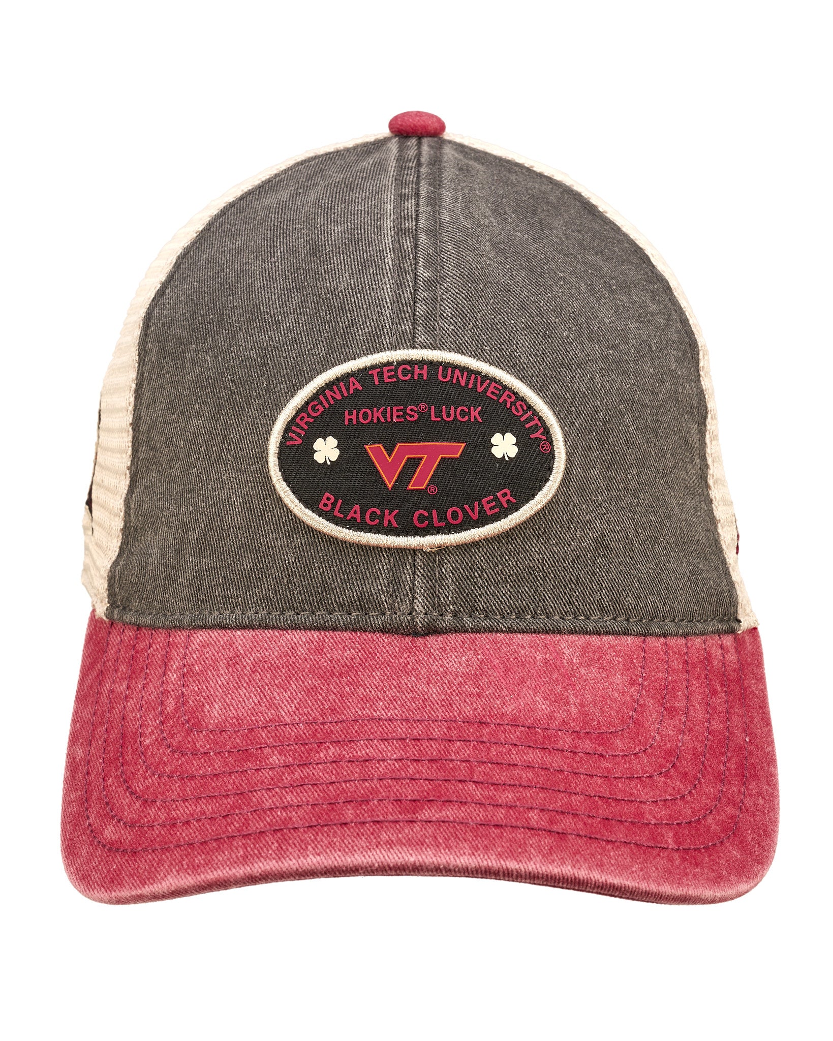 Red, grey, and white two tone vintage style hat from Black Clover featuring Virginia Tech Hokies logo