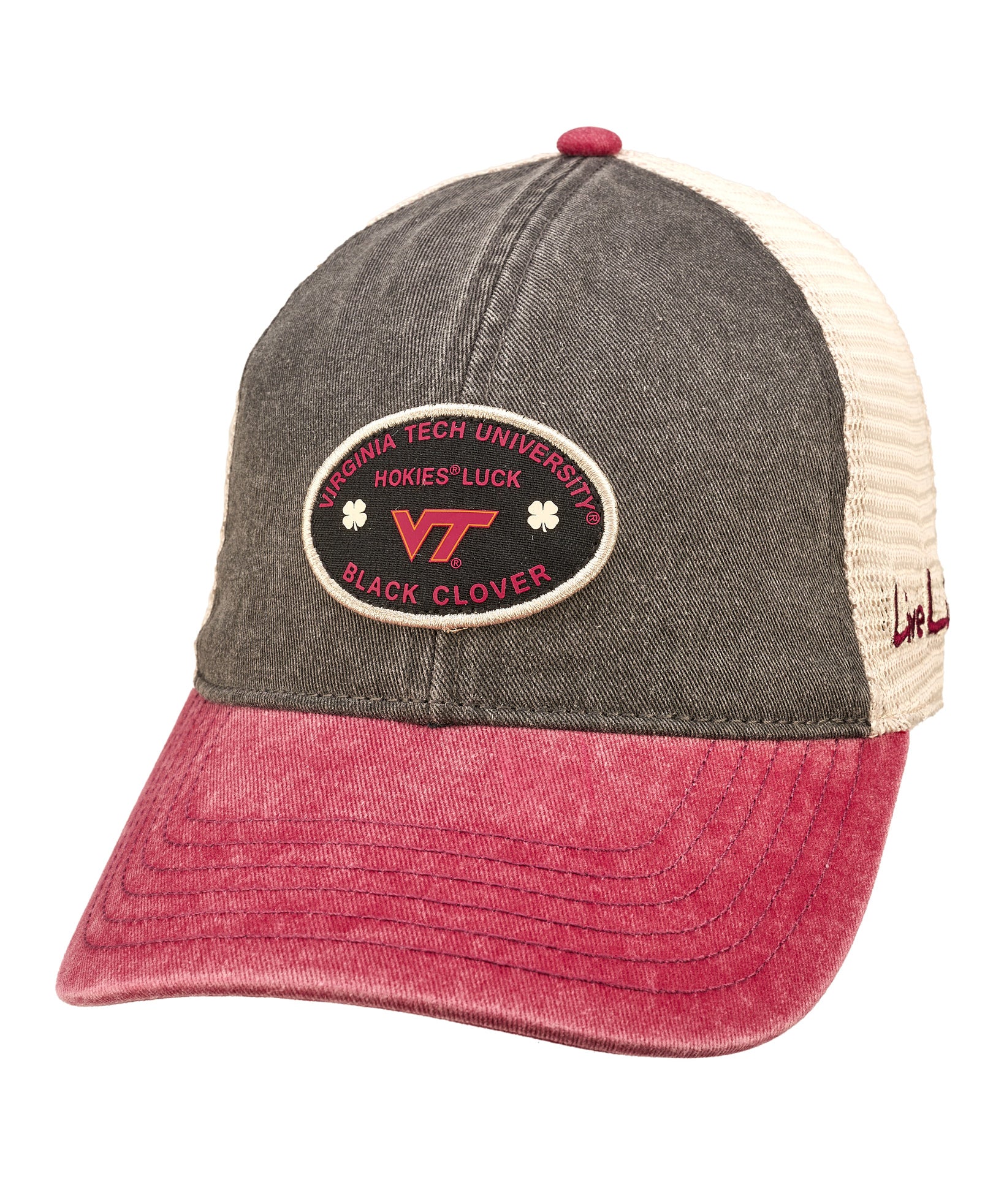 Red, grey, and white two tone vintage style hat from Black Clover featuring Virginia Tech Hokies logo