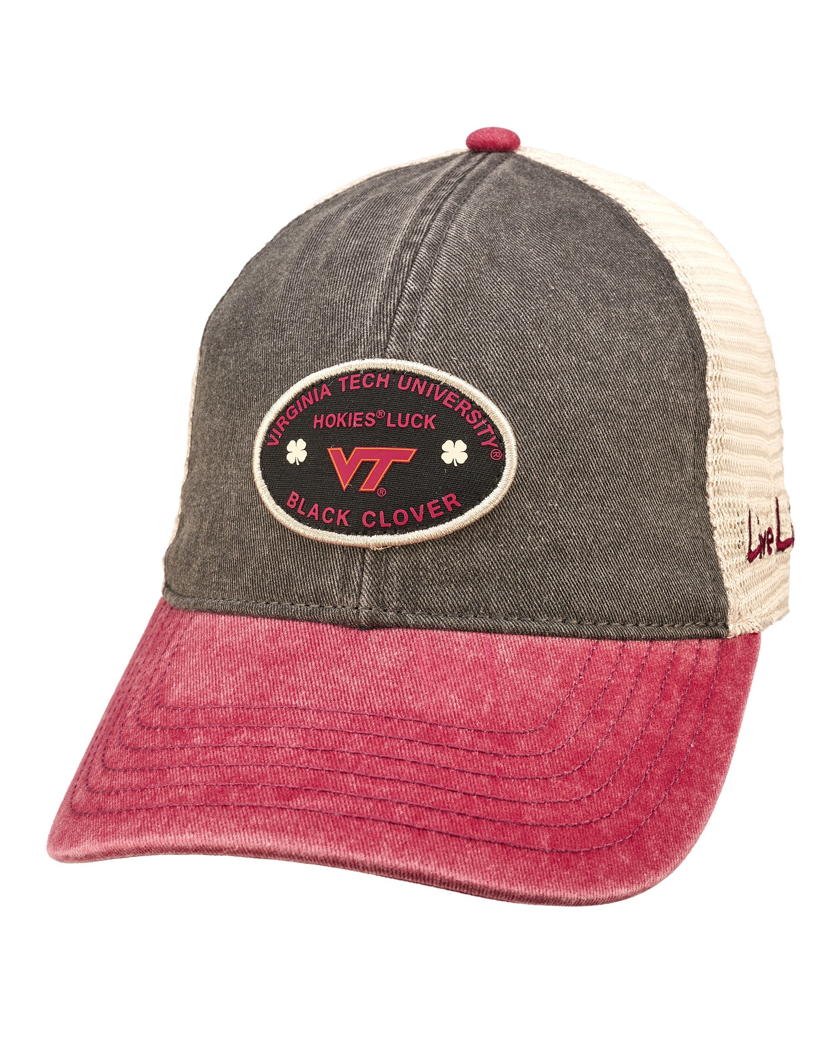 Red, grey, and white two tone vintage style hat from Black Clover featuring Virginia Tech Hokies logo