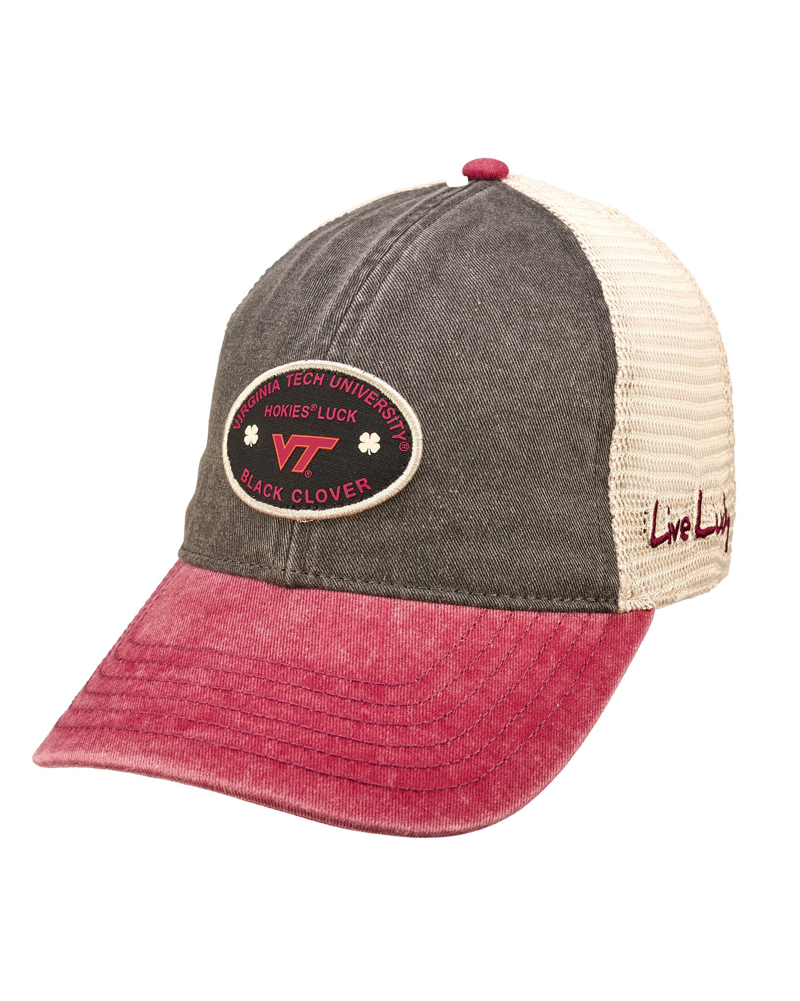 Red, grey, and white two tone vintage style hat from Black Clover featuring Virginia Tech Hokies logo