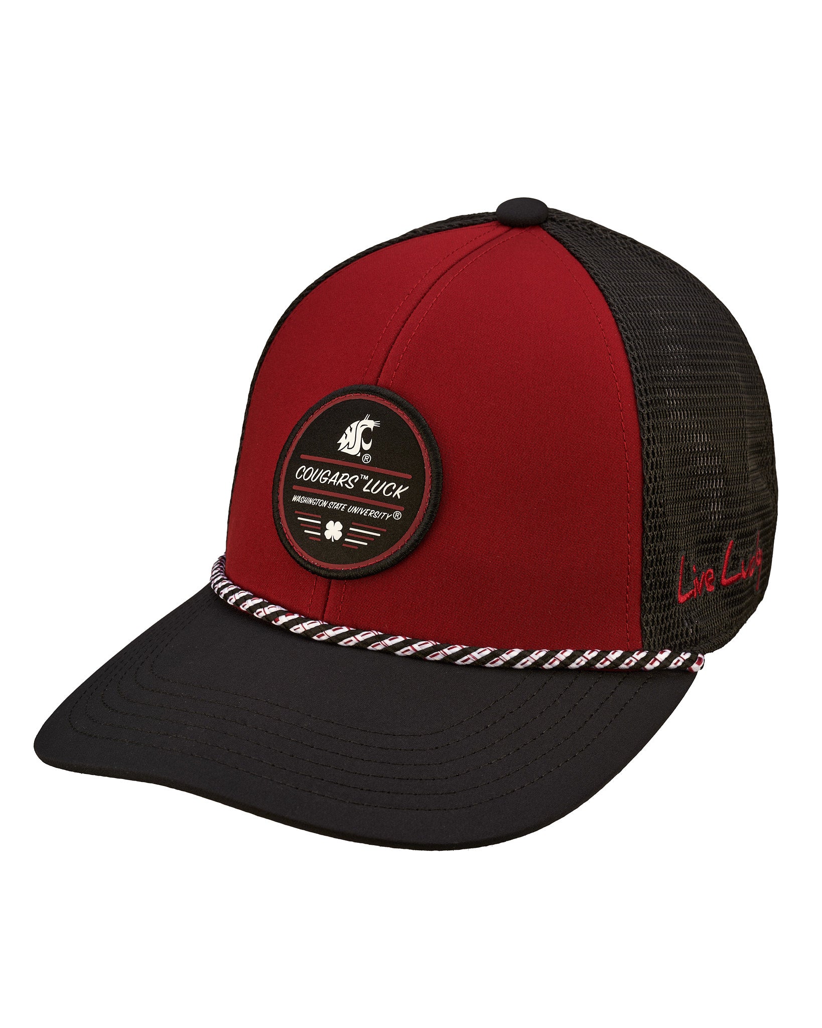 red and black two tone rope hat from Black Clover featuring Washington State University Logo