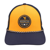 Yellow and navy two tone rope hat from Black Clover featuring West Virginia Mountaineers logo