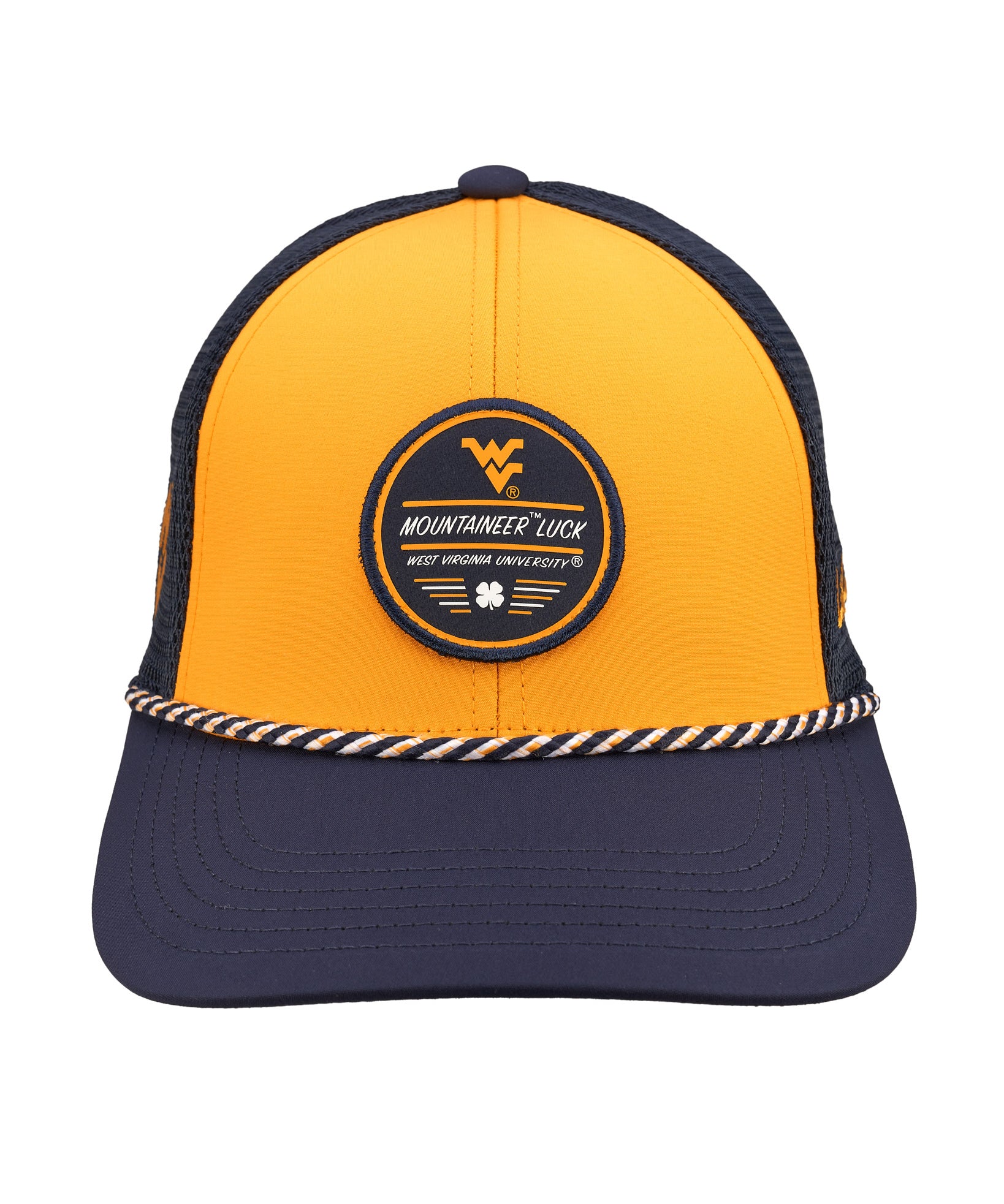 Yellow and navy two tone rope hat from Black Clover featuring West Virginia Mountaineers logo