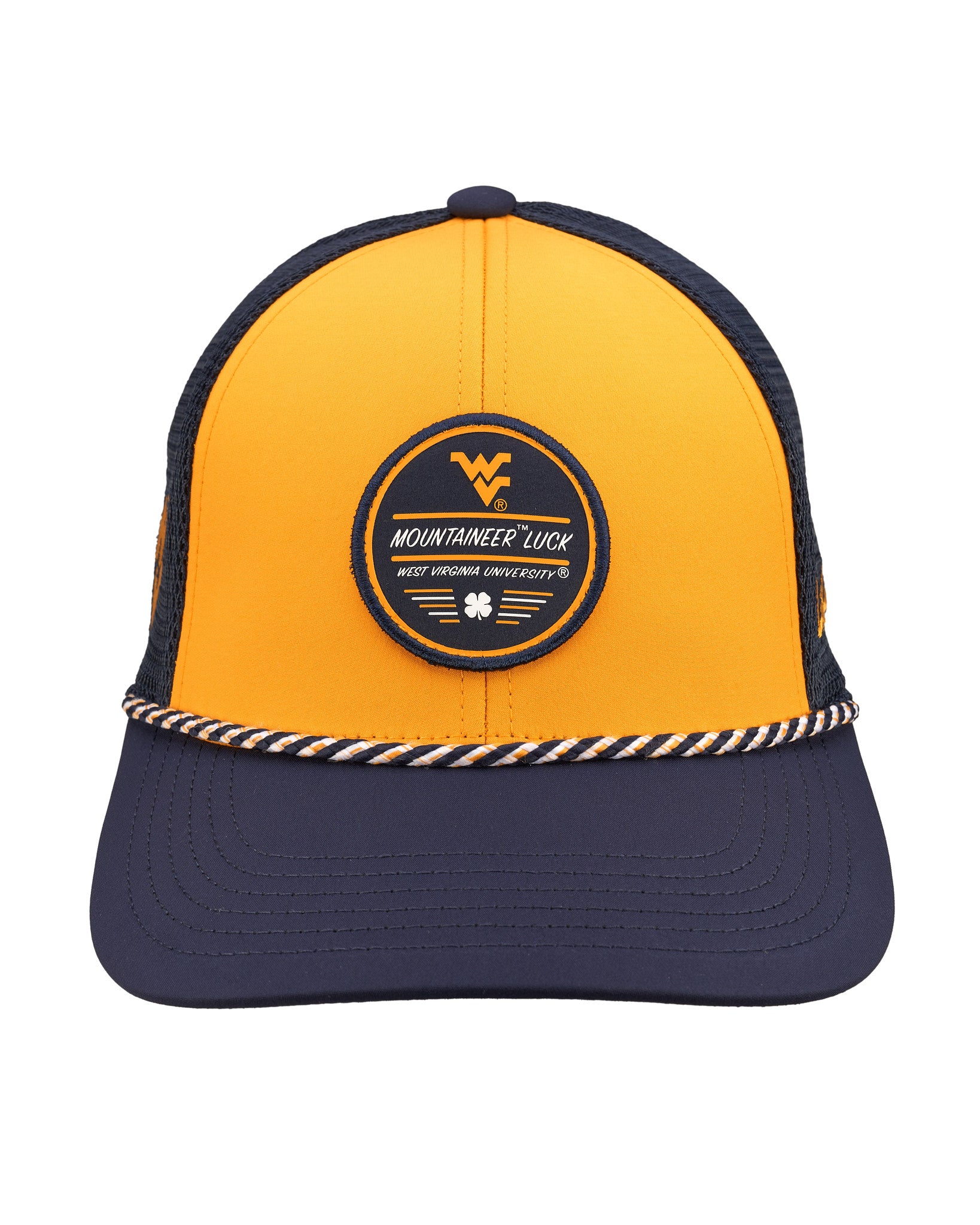 Yellow and navy two tone rope hat from Black Clover featuring West Virginia Mountaineers logo