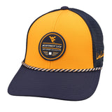 Yellow and navy two tone rope hat from Black Clover featuring West Virginia Mountaineers logo