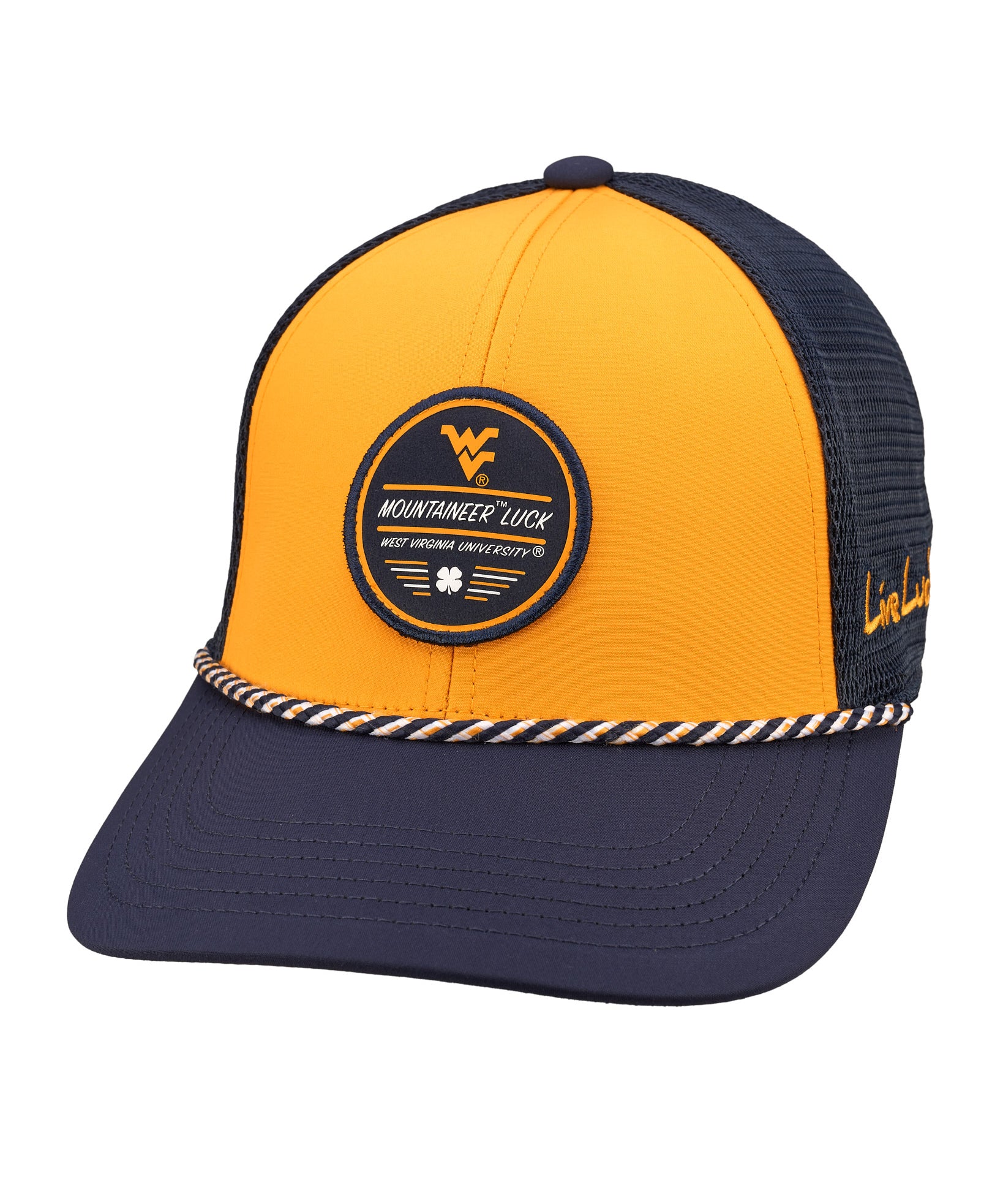 Yellow and navy two tone rope hat from Black Clover featuring West Virginia Mountaineers logo