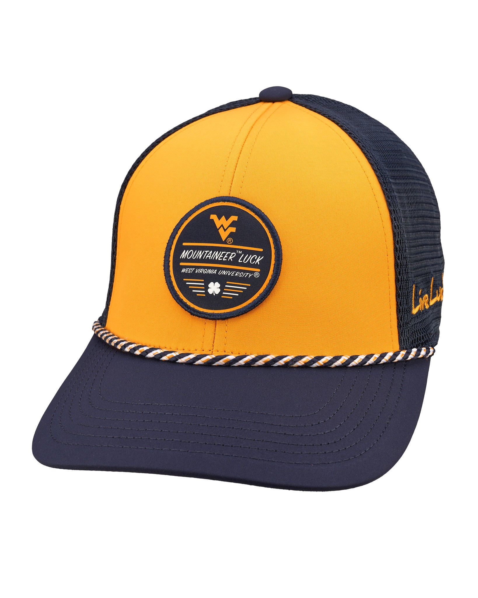 Yellow and navy two tone rope hat from Black Clover featuring West Virginia Mountaineers logo