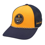 Yellow and navy two tone rope hat from Black Clover featuring West Virginia Mountaineers logo