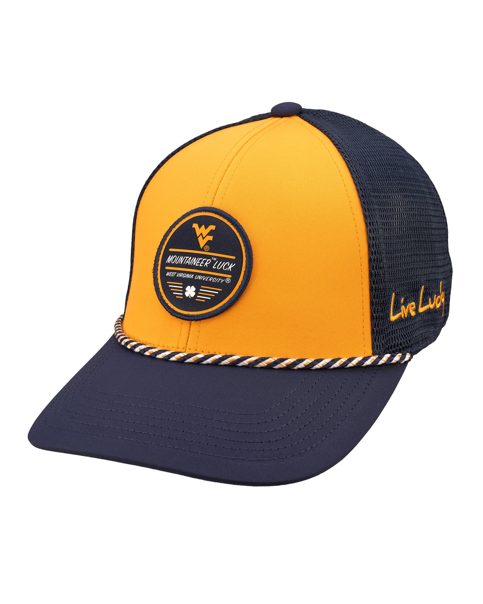 Yellow and navy two tone rope hat from Black Clover featuring West Virginia Mountaineers logo