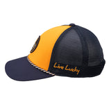 Yellow and navy two tone rope hat from Black Clover featuring West Virginia Mountaineers logo