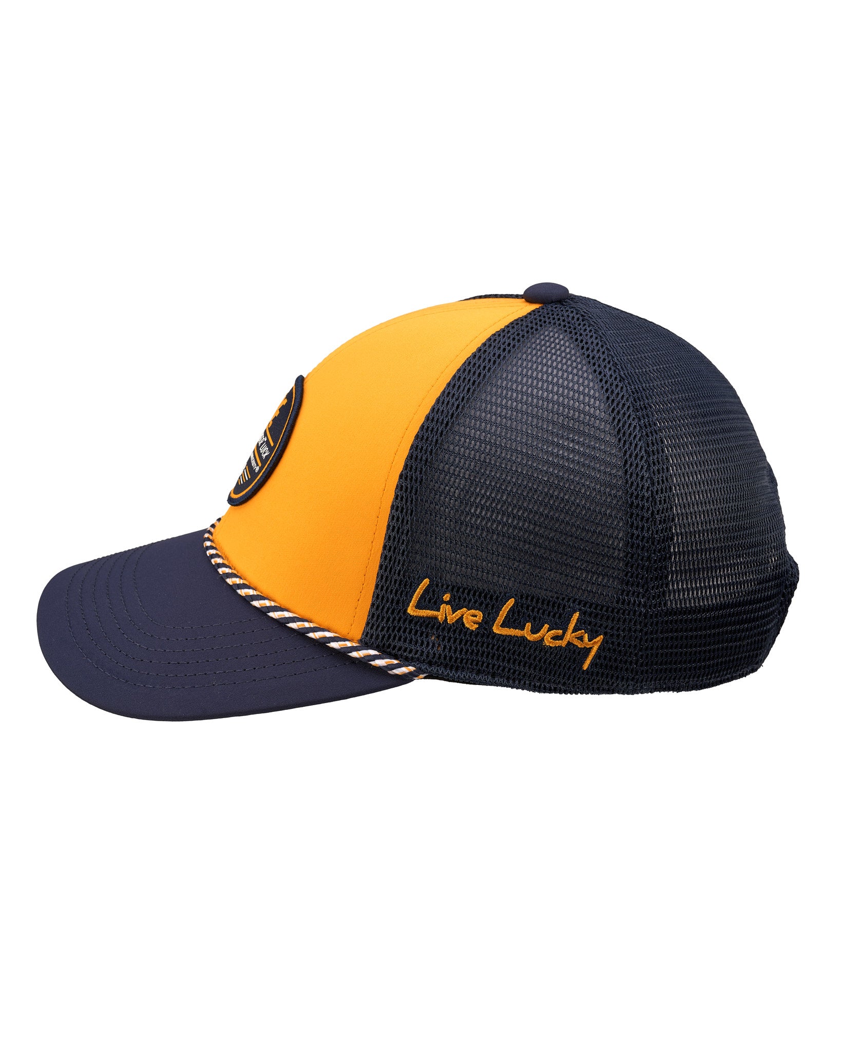 Yellow and navy two tone rope hat from Black Clover featuring West Virginia Mountaineers logo