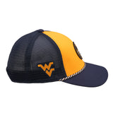 Yellow and navy two tone rope hat from Black Clover featuring West Virginia Mountaineers logo