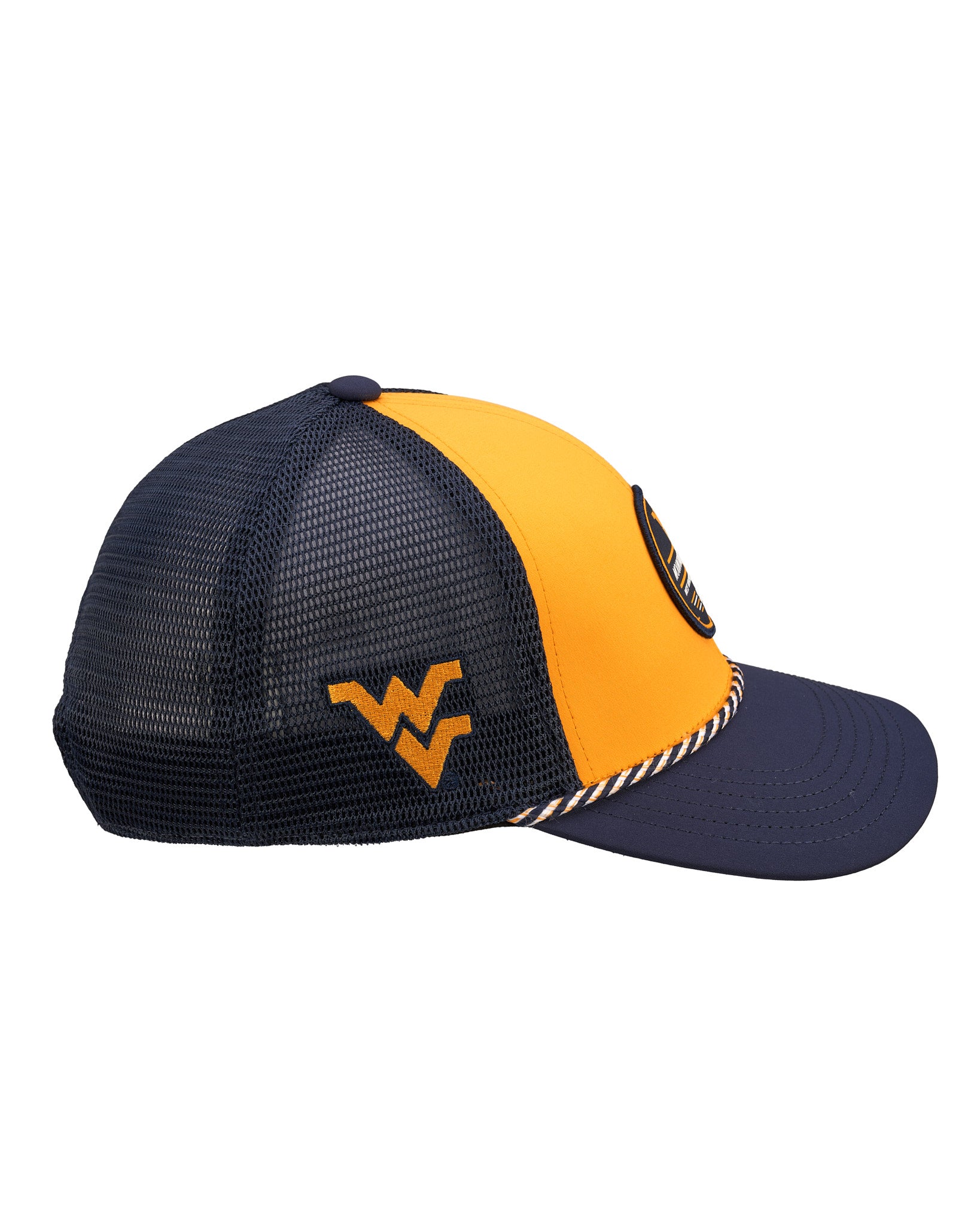 Yellow and navy two tone rope hat from Black Clover featuring West Virginia Mountaineers logo