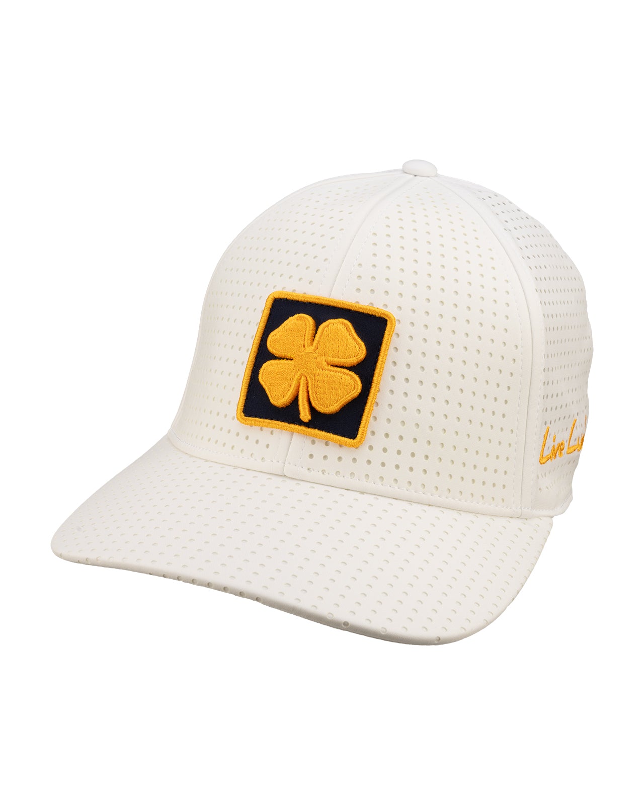 White perforated hat from Black Clover featuring West Virginia Mountaineers logo