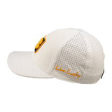 White perforated hat from Black Clover featuring West Virginia Mountaineers logo