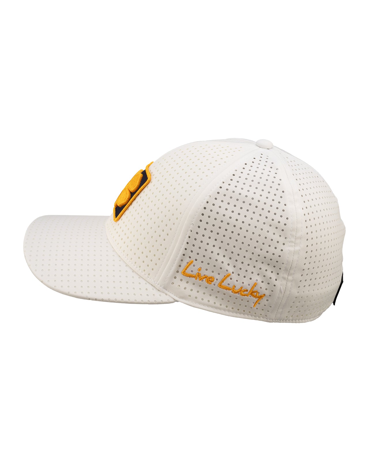 White perforated hat from Black Clover featuring West Virginia Mountaineers logo