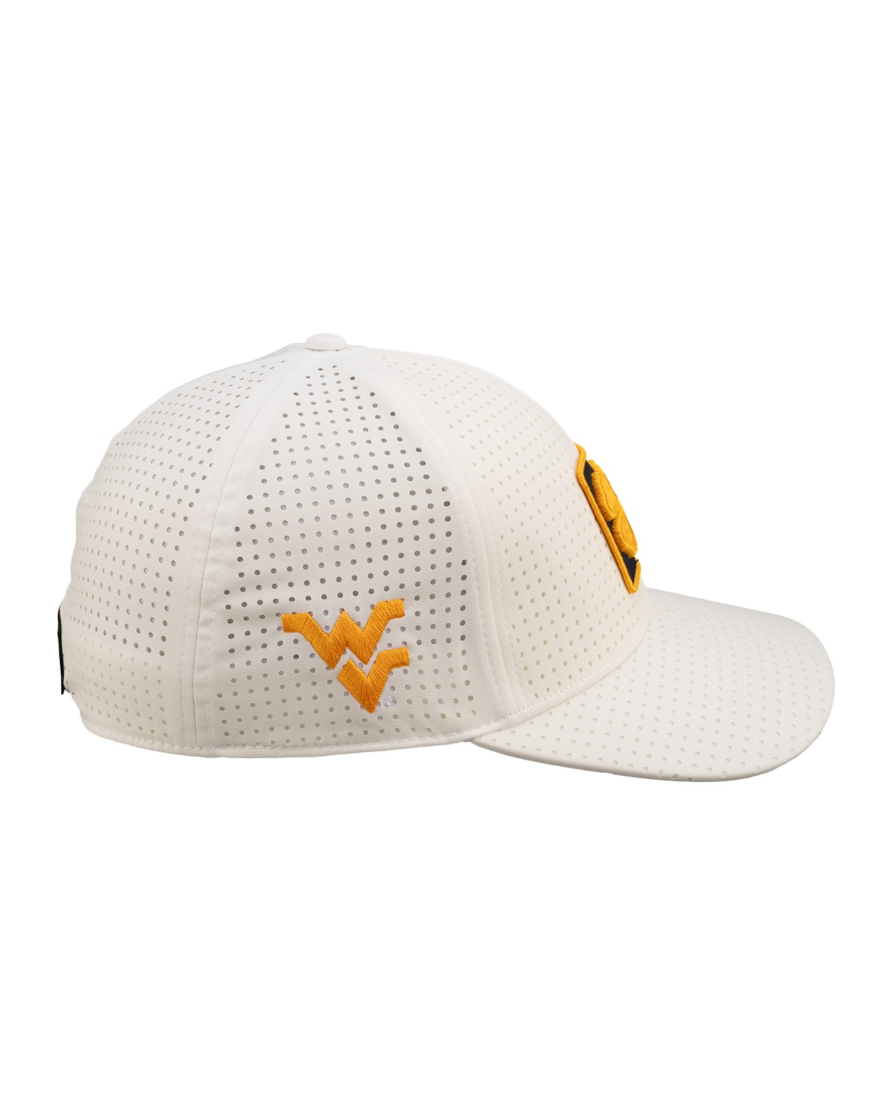 White perforated hat from Black Clover featuring West Virginia Mountaineers logo