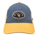 Blue and yellow two tone vintage style hat from Black Clover featuring West Virginia Mountaineers logo