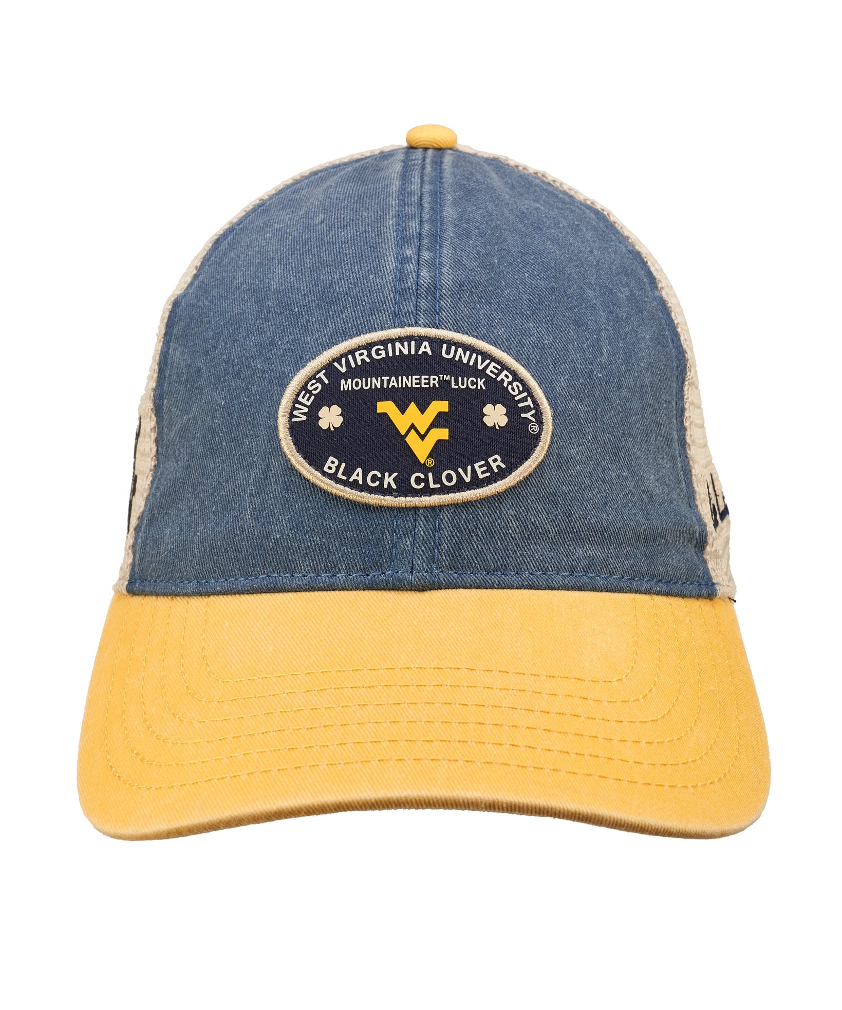 Blue and yellow two tone vintage style hat from Black Clover featuring West Virginia Mountaineers logo