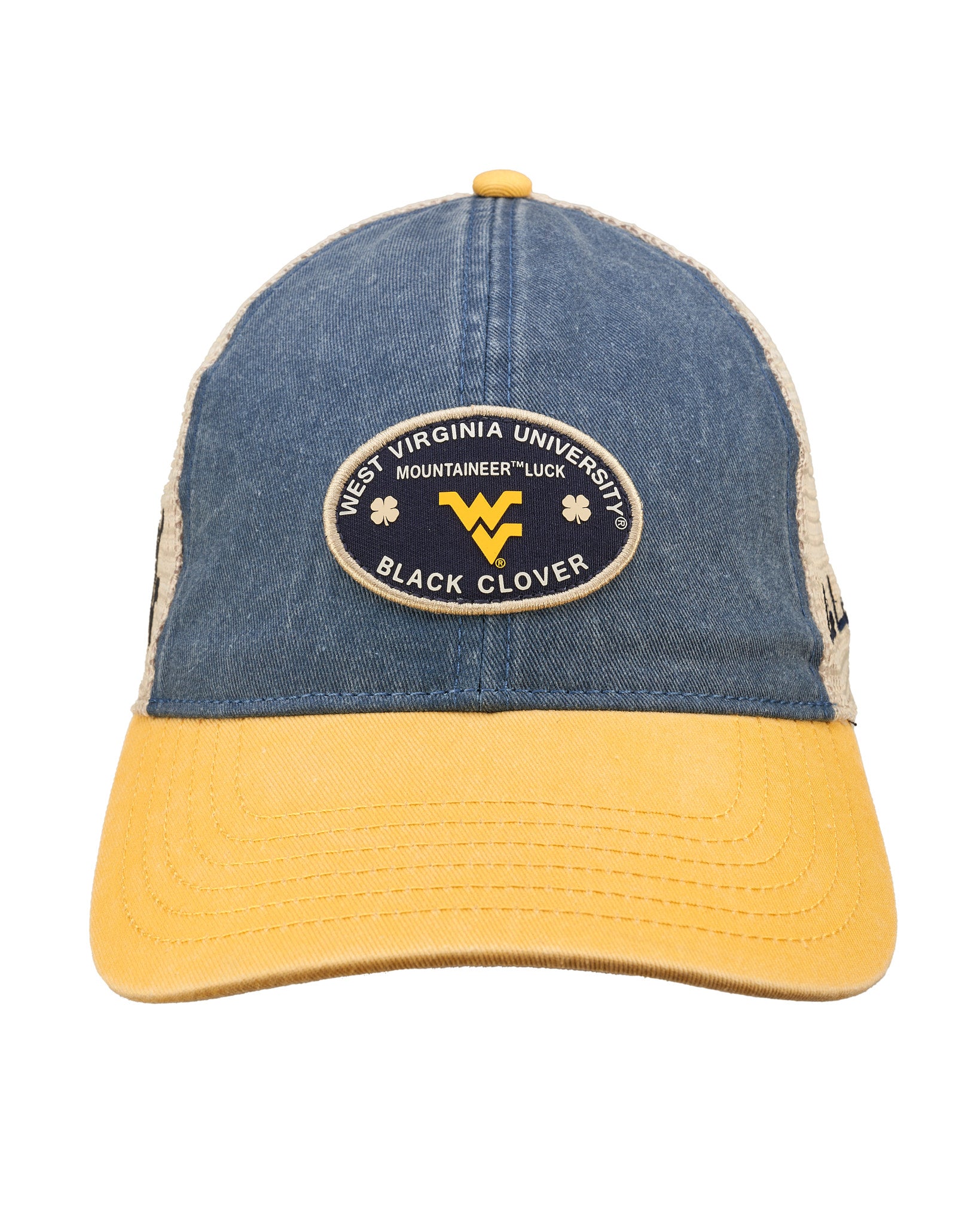 Blue and yellow two tone vintage style hat from Black Clover featuring West Virginia Mountaineers logo