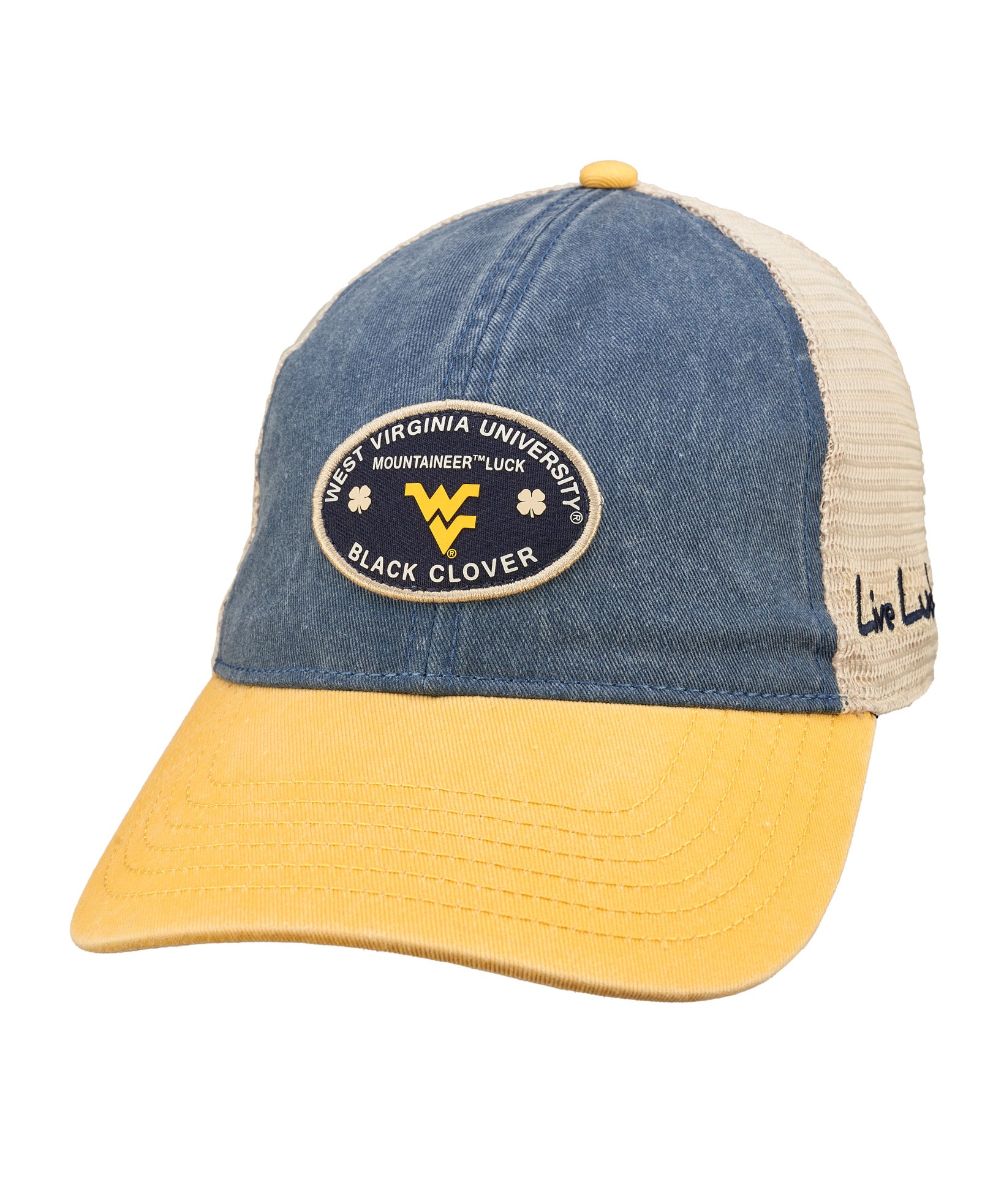 Blue and yellow two tone vintage style hat from Black Clover featuring West Virginia Mountaineers logo