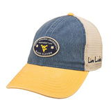 Blue and yellow two tone vintage style hat from Black Clover featuring West Virginia Mountaineers logo