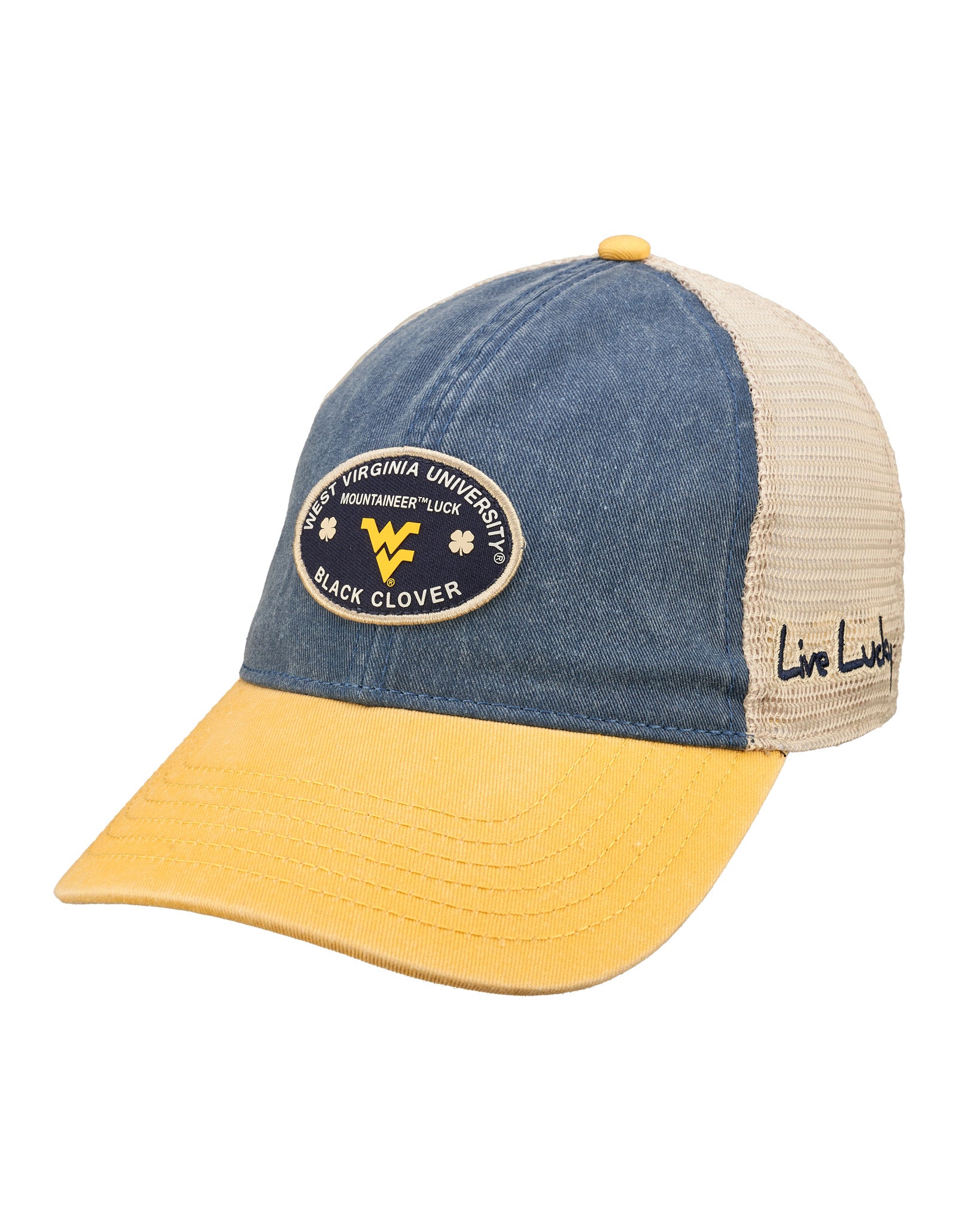 Blue and yellow two tone vintage style hat from Black Clover featuring West Virginia Mountaineers logo