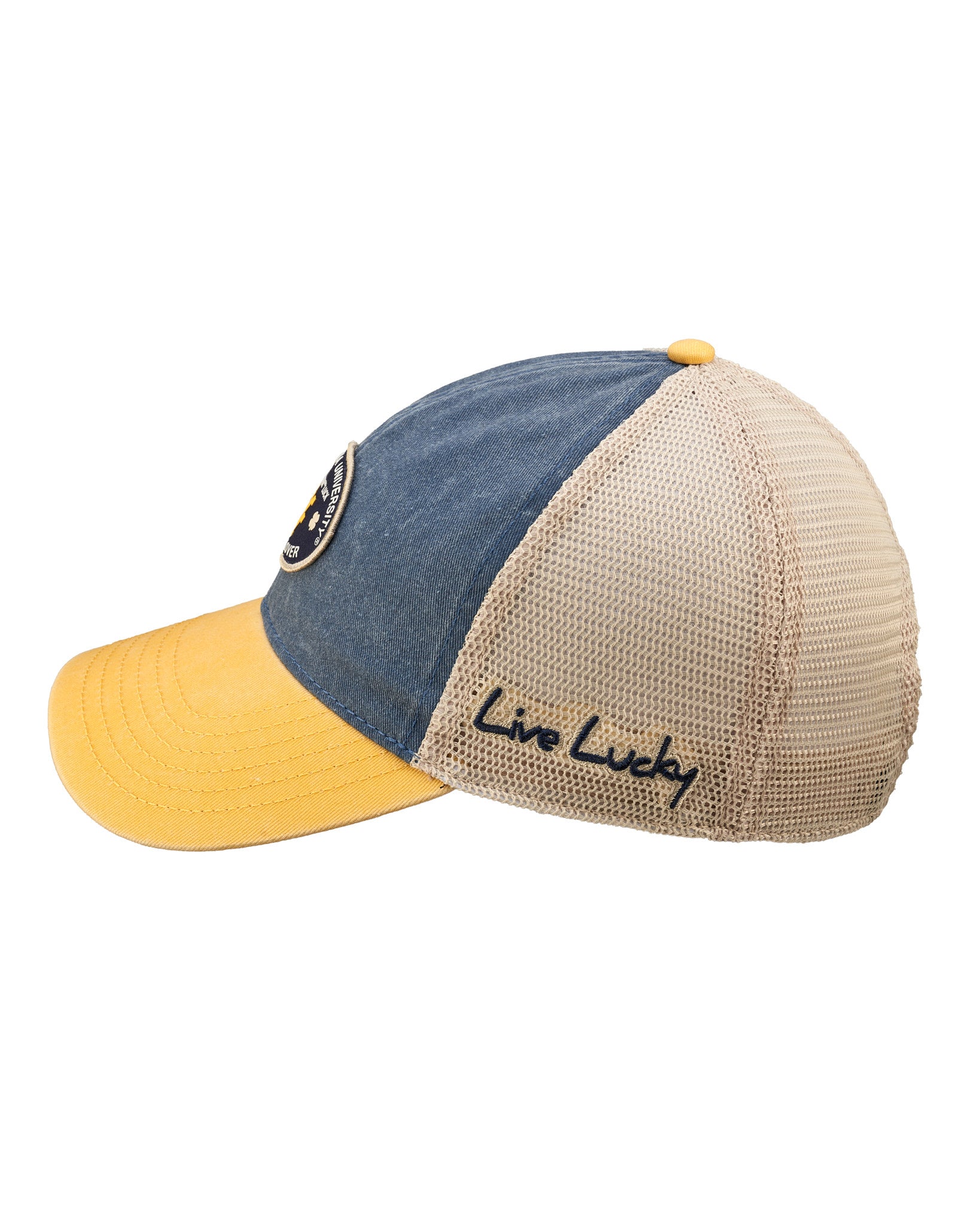 Blue and yellow two tone vintage style hat from Black Clover featuring West Virginia Mountaineers logo