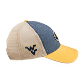 Blue and yellow two tone vintage style hat from Black Clover featuring West Virginia Mountaineers logo