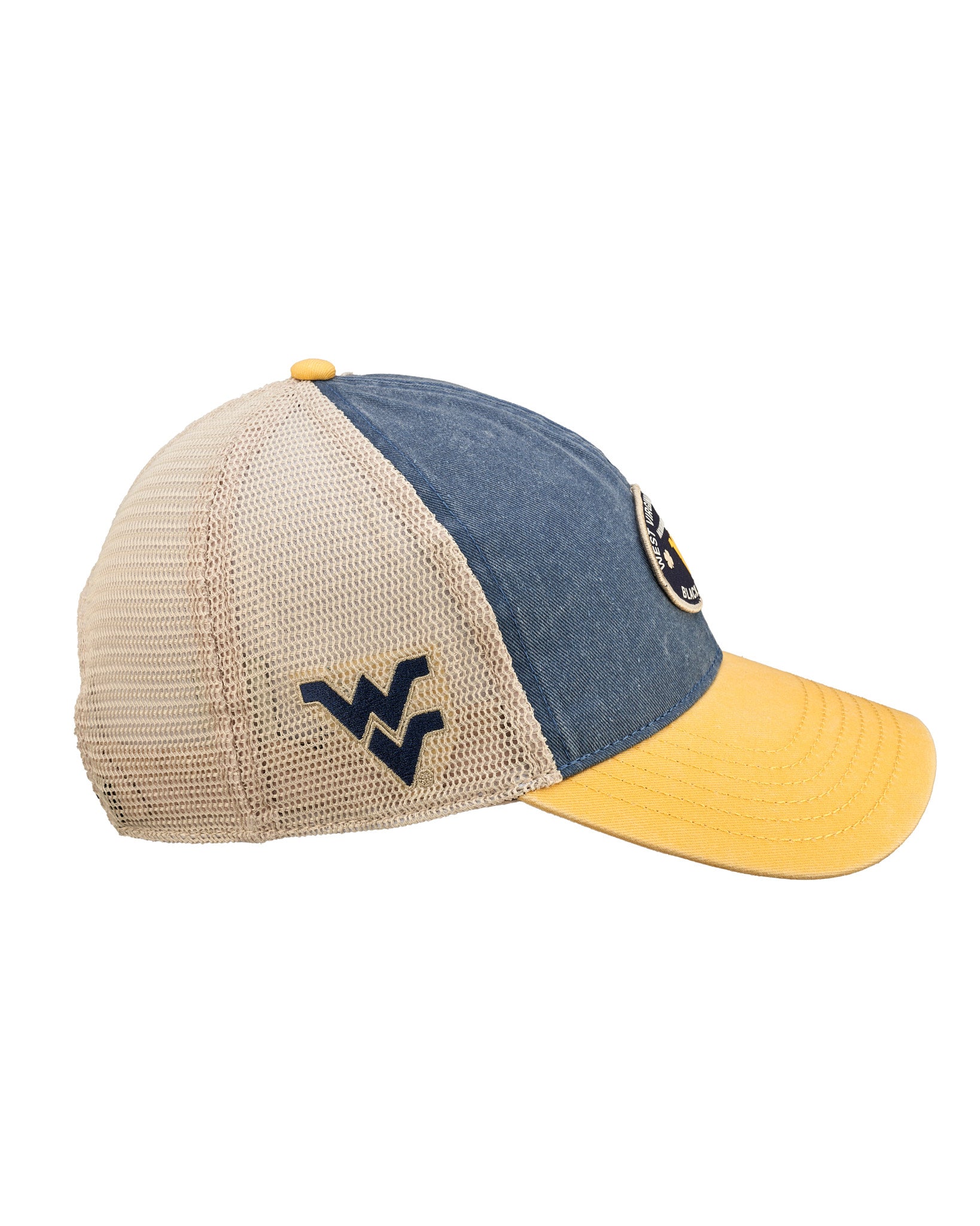 Blue and yellow two tone vintage style hat from Black Clover featuring West Virginia Mountaineers logo