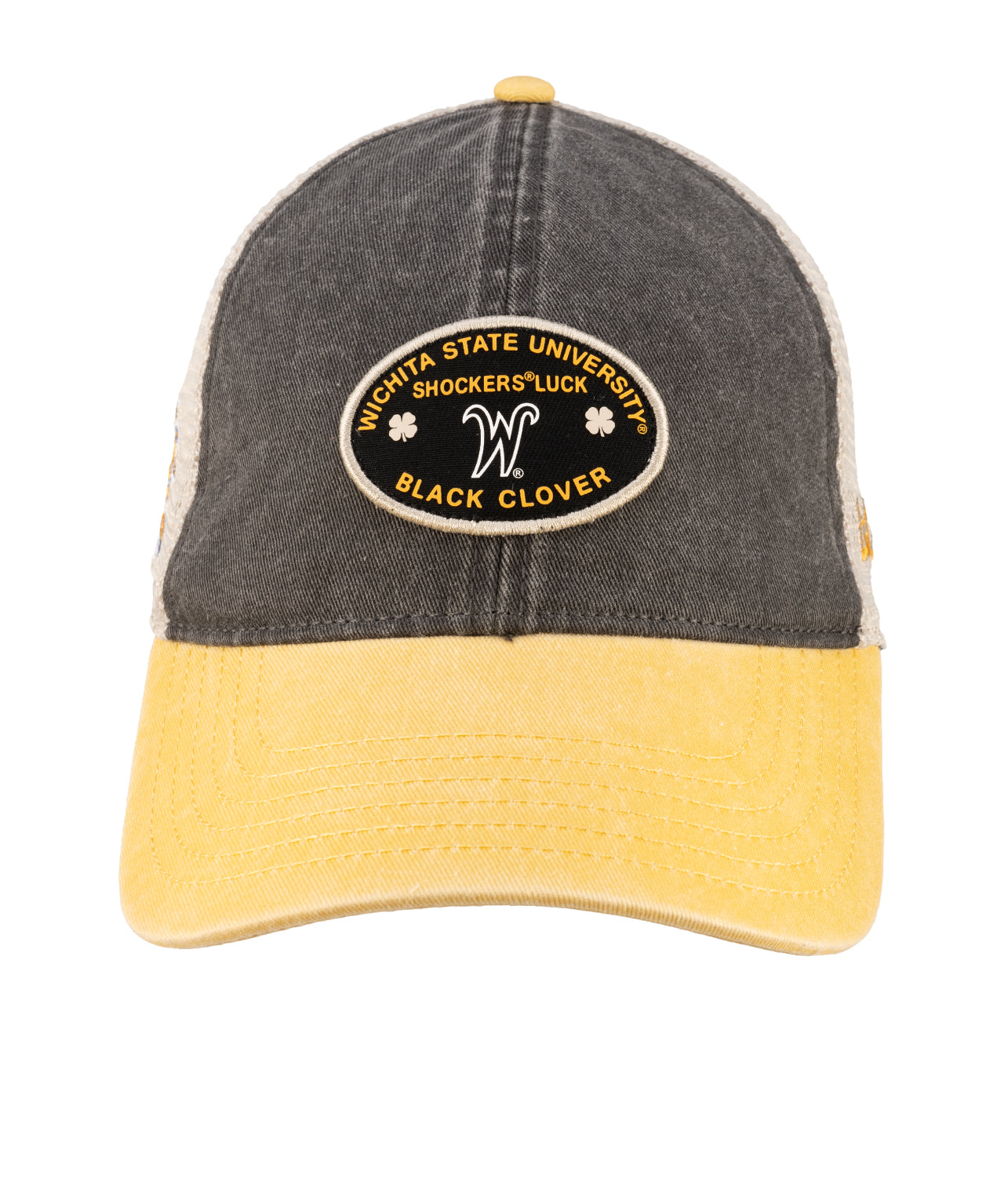 Grey and yellow two tone vintage style hat from Black Clover featuring Wichita State Shockers logo