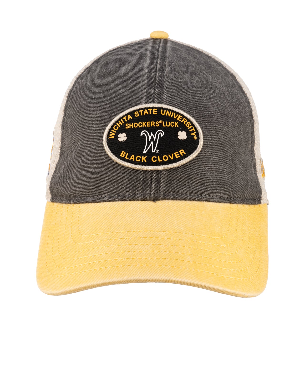 Grey and yellow two tone vintage style hat from Black Clover featuring Wichita State Shockers logo