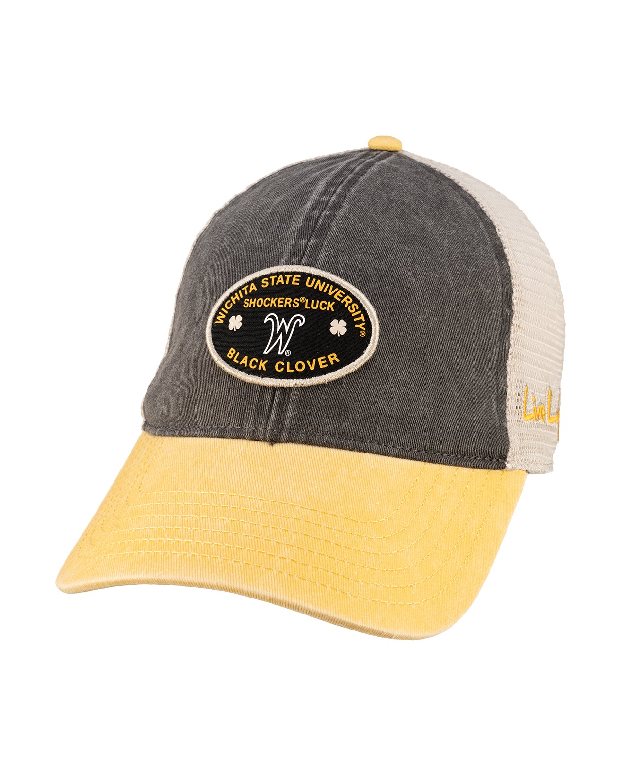 Grey and yellow two tone vintage style hat from Black Clover featuring Wichita State Shockers logo